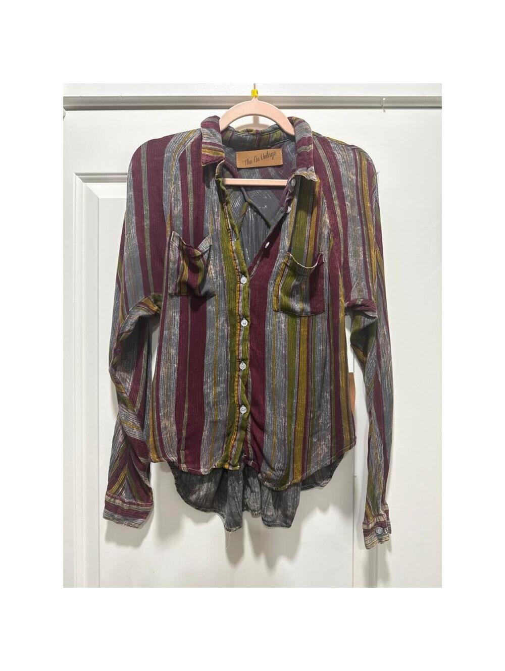 The Nu Vintage Striped Button Down Blouse Boho Rayon Shirt - Small